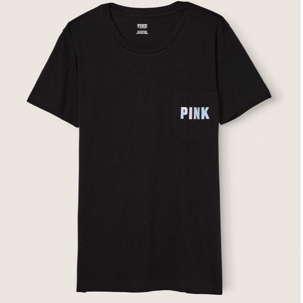 VS VICTORIAS SECRET PINK CAMPUS SHORT SLEEVE TEE TOP BLACK BLUR LOGO M - Picture 5 of 7
